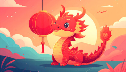 Obraz premium cute little dragon with chinese lantern cartoon illustration
