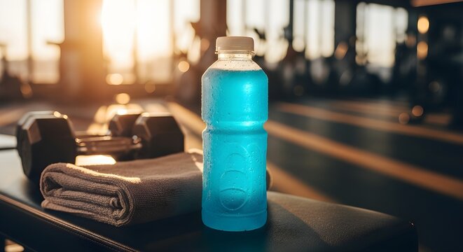 Blue electrolyte drink bottle with towel and dumbbell in gym, symbolizing hydration and fitness.
