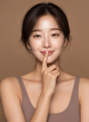 Fototapeta premium Various poses of Asian female model, Korean woman with low bun hairstyle in autumn mood, elegant and natural beauty model, graceful and pure cosmetic model, k-beauty model, kbeauty