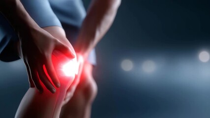 3D render of human body silhouette with glowing red area on knee joint, emotion of strain and limitation visible, symbolizing orthopedic care, joint inflammation, and modern rehabilitation - Powered by Adobe