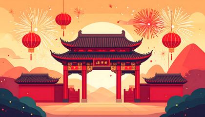 chinese temple architecture with fireworks and lantern, chinese new year celebration