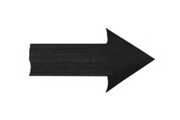 Black chalkboard arrow pointer sign showing direction right, isolated on transparent background cutout