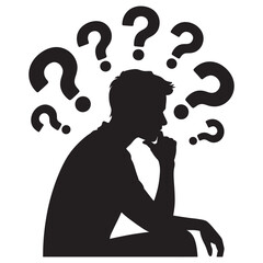 Silhouette of a man pondering deeply with question marks, symbolizing doubt and complex decisions