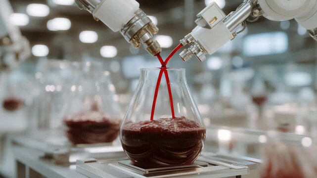 3D render of chemical lab with robotic arms pouring reagents into large tanks, emotion of innovation and precision visible, symbolizing automation in chemical manufacturing, industrial