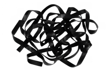 Black ribbons forming a chaotic tangled mess, symbolizing confusion or abstract art. Transparent background