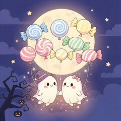Whimsical Halloween Ghosts Floating with Candy Balloons Under a Full Moon, Perfect for Spooky Season Designs