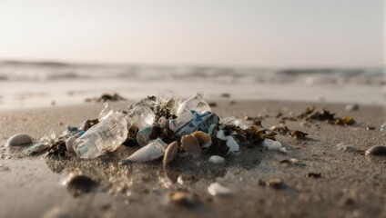 Close-up beach scene with discarded plastic bottles and debris washed ashore, waves in background