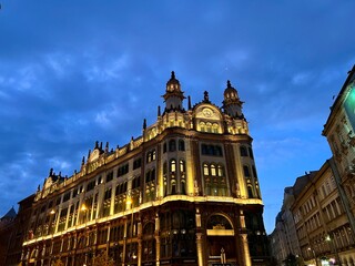 Budapest clotild palace building illuminating at twilight