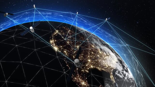 Artificial Earth satellites encircle the planet, creating a comprehensive global digital network. GPS network over the American continent. Worldwide public Internet. View from space. 4k footage