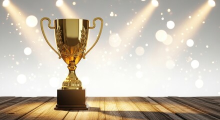 Trophy on wooden surface with spotlights and bokeh lights