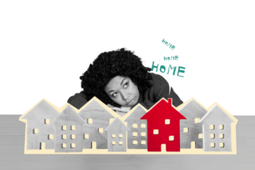 Composite photo collage of upset american girl lay city flat buildings home relocation immigrant refugee isolated on painted background