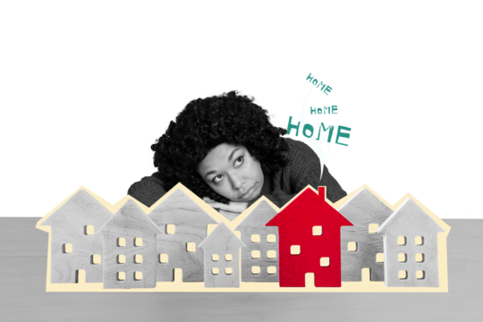 Composite photo collage of upset american girl lay city flat buildings home relocation immigrant refugee isolated on painted background