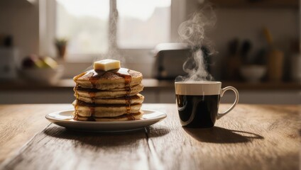 Breakfast scene with stack of pancakes, syrup, butter, coffee, and kitchen in background