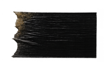 Black adhesive tape with ripped, torn edge, showing sticky residue, grunge texture on transparent background