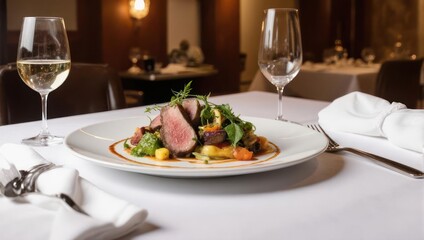Fine dining table set with steak dish, wine glasses, and white linen in a dimly lit restaurant