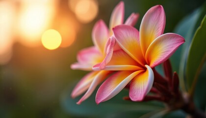Fototapeta premium Pink, yellow frangipani flower blossom close up. Tropical plumeria plant shows vibrant petals against soft golden bokeh light background. Green leaves frame beautiful bloom. Peaceful garden evening
