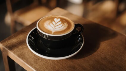 A close-up shot of a coffee cup with latte art sitting on a saucer atop a wooden table