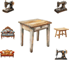 old wooden table with tools in color style, set of household appliance