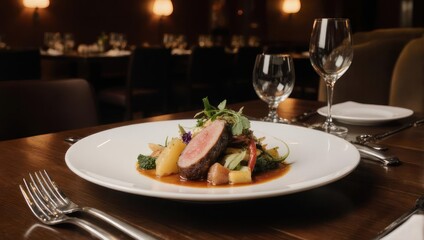 Gourmet meal on a plate, presented in a dimly lit restaurant, with cutlery