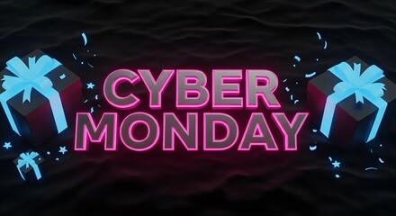 Cyber Monday Neon Pink Text with Blue Gift Boxes on Dark Background
