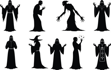 Supernatural robed silhouettes in mystical poses, vector illustration for fantasy, horror, ritual, and dark character design themes