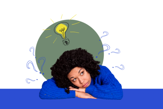 Composite photo collage of puzzled american girl think solution business project light bulb idea spark led isolated on painted background - Powered by Adobe