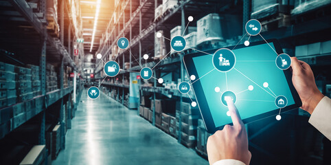 Plakat Smart warehouse management system with innovative internet of things technology to identify package picking and delivery . Future concept of supply chain and logistic network business .