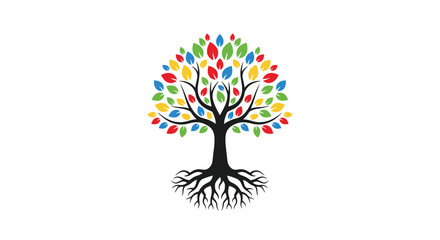 Naklejka premium Vibrant tree with colorful leaves illustration representing growth, diversity and nature's beauty for sustainable and eco-friendly projects