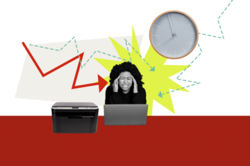 Composite photo collage of angry american girl hold head arrow down office tool laptop scanner reduction isolated on painted background