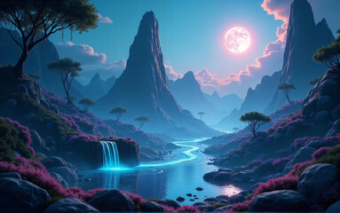 Sci-Fi Valley with Glowing Moonlight
