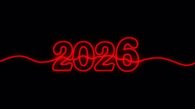 Video. Continuous one line drawing Happy New Year 2026. Minimalist single line vector animation for holiday greeting, banner or holiday background. Animation on black background 4K.