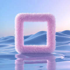 A soft, fluffy 3D geometric cube frame with a fuzzy pink texture floats above a reflective liquid surface. The cube has rounded edges.