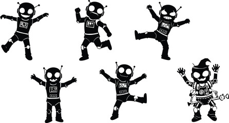 Cartoon robot silhouettes in expressive poses, vector illustration for STEM humor, tech themes, and retro-futuristic character design