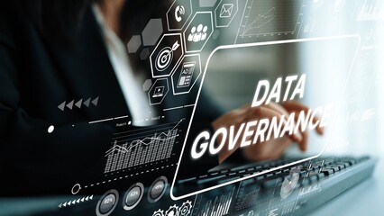 Professional Businesswoman Engaging in Data Governance Management with Digital Analytics in Modern Workspace. Asymptotic smart data analytic.