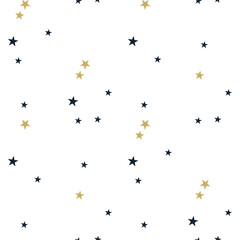 Golden and Black Stars Seamless Vector Pattern. Minimalist festive design perfect for wrapping paper, textiles, backgrounds, and Christmas or New Year decorations.