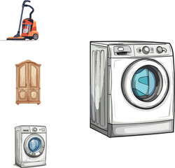 set of washing machine, vacuum cleaner, cupboard vector illustration in color style