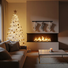 Cozy modern living room glows with warm fireplace, festive Christmas tree adorned with golden ornaments and lights, creating a perfect holiday ambiance for family gatherings and winter relaxation.
