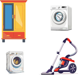set of household appliances in color style, set of washing machine, cupboard, and vacuum cleaner