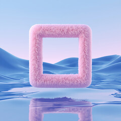A soft, fluffy 3D geometric cube frame with a fuzzy pink texture floats above a reflective liquid surface. The cube has rounded edges.