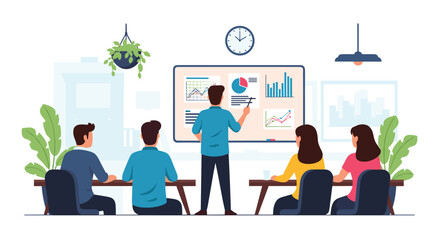 Engaging business presentation delivering key insights and data analysis to diverse team in modern office for successful growth strategy