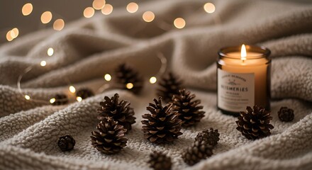 Cozy scene with pine cones lit candle and string lights on soft blanket