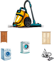 illustration of a vacuum cleaner, washing machine, and cupboard on a white background