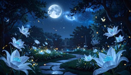Enchanting garden bathed in moonlight with glowing flowers and fireflies creating a magical night scene