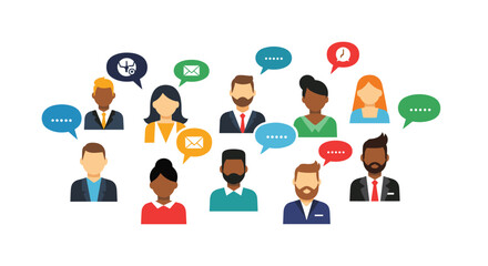 Diverse team sharing ideas and communicating effectively with chat bubbles, perfect for teamwork and brainstorming concepts in modern business