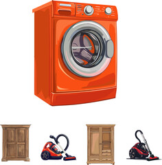 set of washing machine isolated on white in color style, set of household appliance in color style