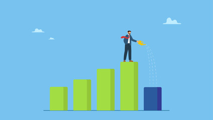 Fototapeta premium Businessman leader standing on profit bar graph watering this year growing bar chart. Economic recover from money stimulus, leadership to grow business, investment growth or profit and earning.