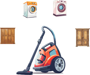 vacuum cleaner on a white background, Set of household appliances in color style