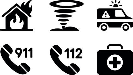 Fototapeta premium Collection of six essential emergency service icons representing fire ambulance tornado and emergency calls vector