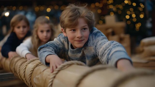 Kids constructing a holiday-themed obstacle course indoors or in the backyard with festive challenges, emotion of excitement and teamwork visible, representing playful winter exercise and creative