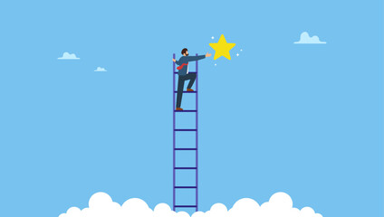 Ambitious businessman climbing ladder to the the top and reaching for the shining star. Business opportunity, ladder of success or aspiration to achieve business goal.